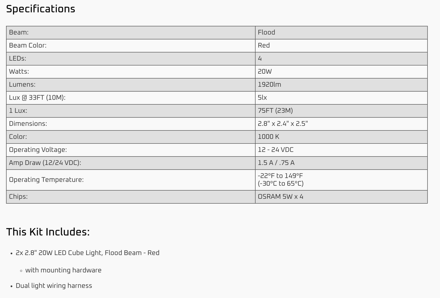 Ironman 4x4 20W Bright Cube FLOOD Beam LED Cube Light - 70 x 64mm (Pair) - RED ILED20BFR