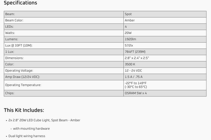 Ironman 4x4 - 20W Bright Cube SPOT Beam LED Cube Light - 70 x 64mm (Pair) - AMBER ILED20BA